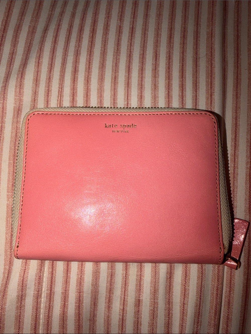 kate spade Y2K Pink Zip-Around Leather Wallet with Cream Trim
